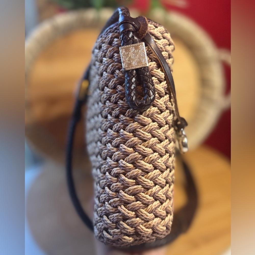 Brighton Woven Beige Brown Rattan Basket Purse Bag Leather Straps Silver Charms - Picture 11 of 13